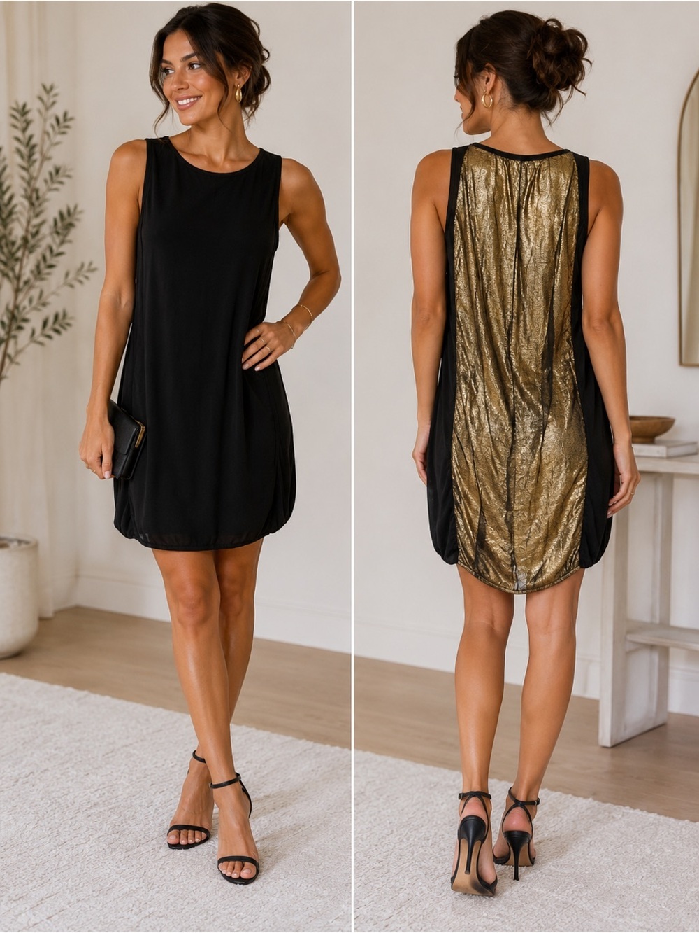 • Clu • Black Midi Dress Metallic Gold Back M